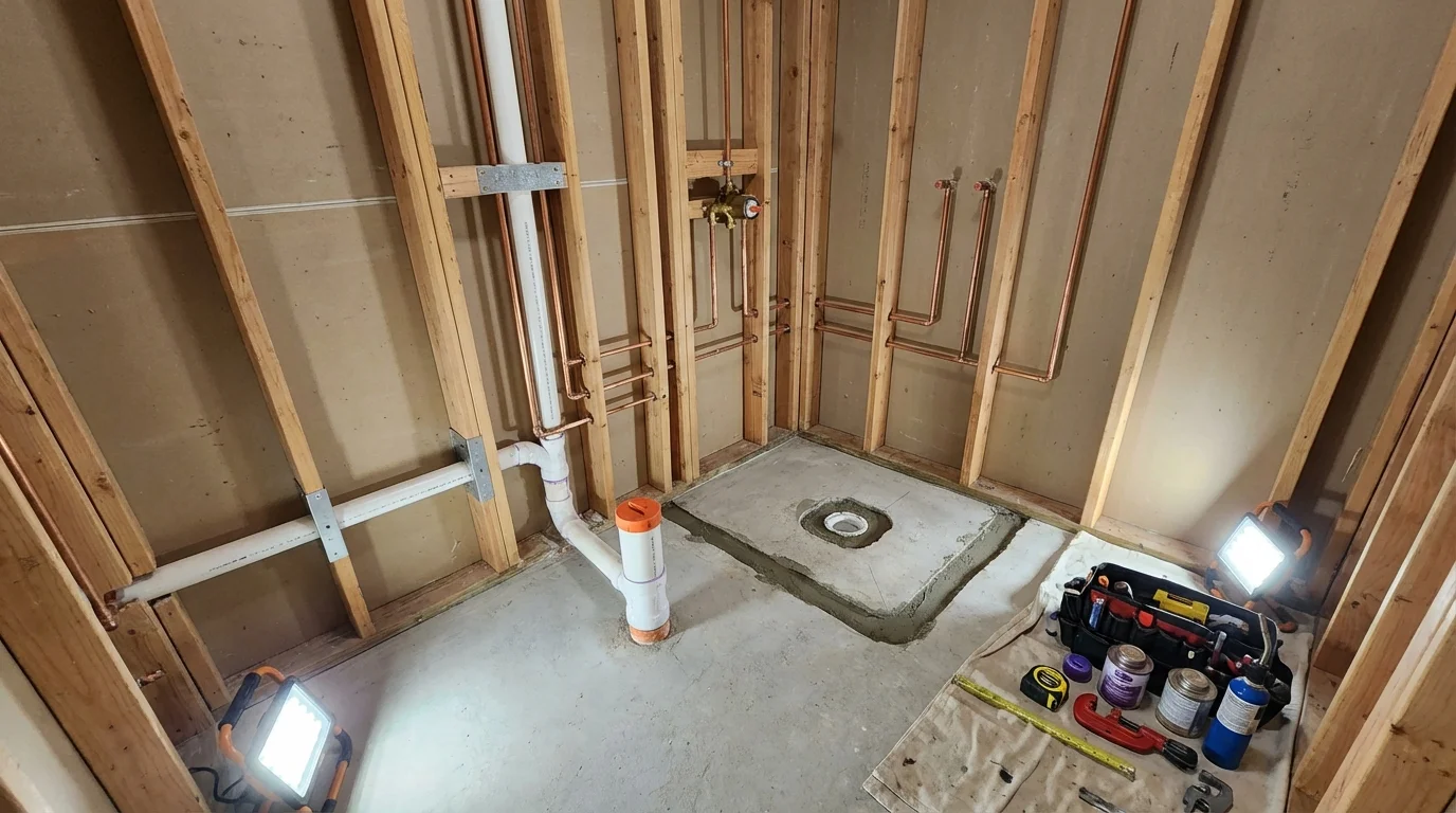 Bathroom rough-in plumbing during remodel by Johns Plumbing LLC in Montebello