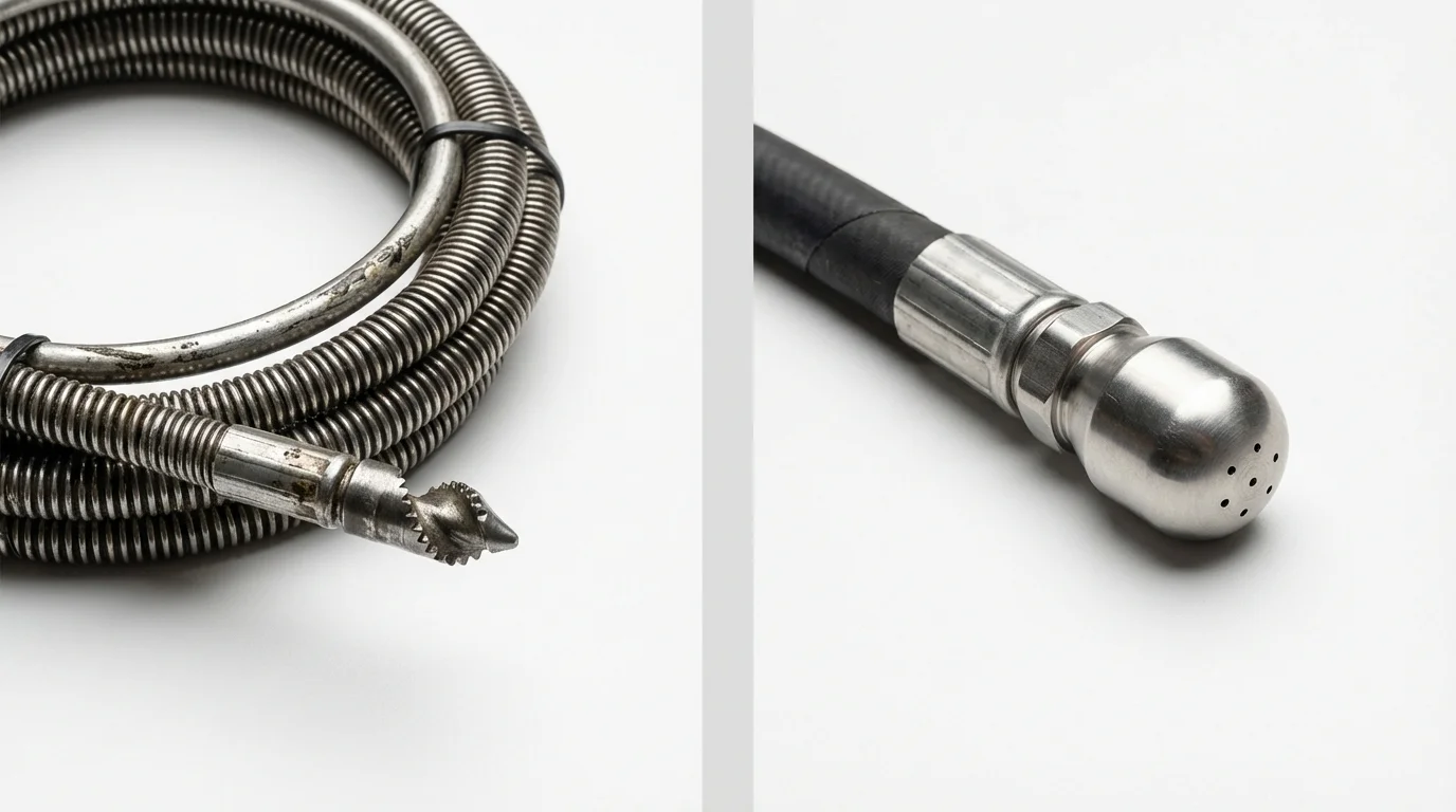 Drain snake cable and hydro jetting nozzle used for drain cleaning in Montebello, CA