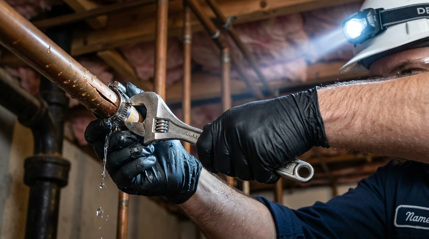 Emergency pipe clamp repair being performed by a Johns Plumbing LLC plumber in Montebello