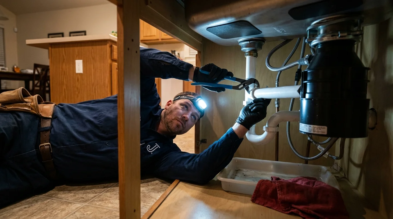 P-trap and supply line connections under a kitchen sink showing a common leak point in Montebello, CA